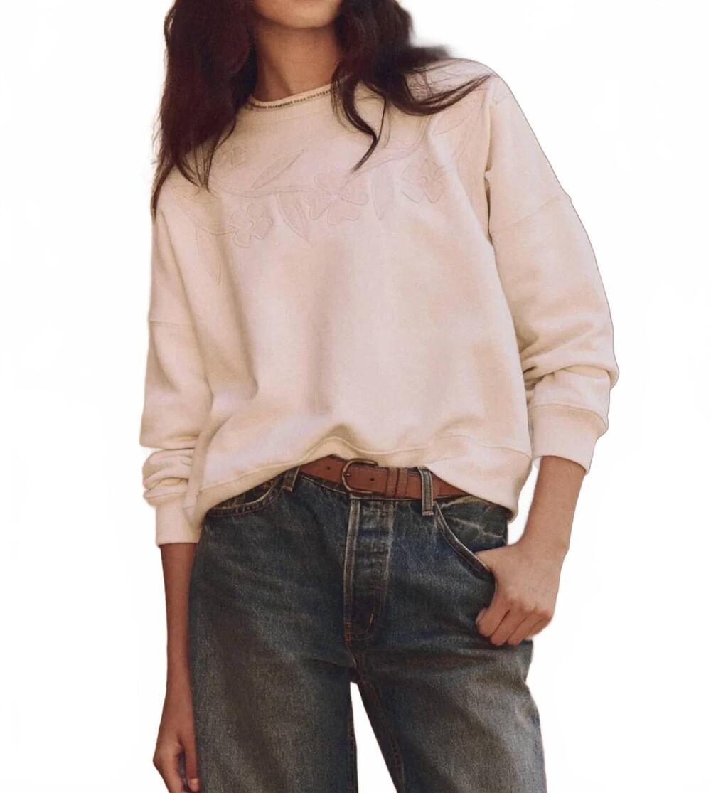 NEW THE GREAT. floral applique teammate sweatshirt in washed white